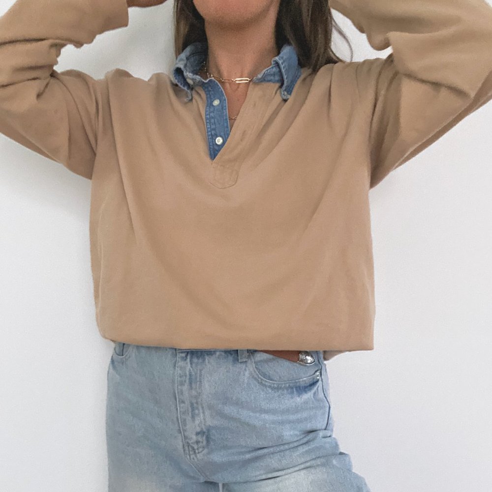 90s Oversized Tan Long Sleeve Polo Shirt with Denim Collar - Picture 2 of 8